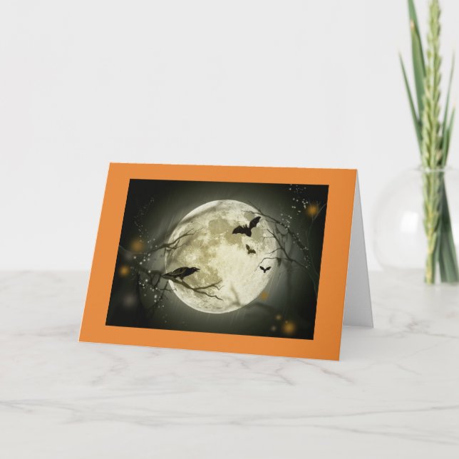 Halloween Card illustrating a full moon, and bats (Front)