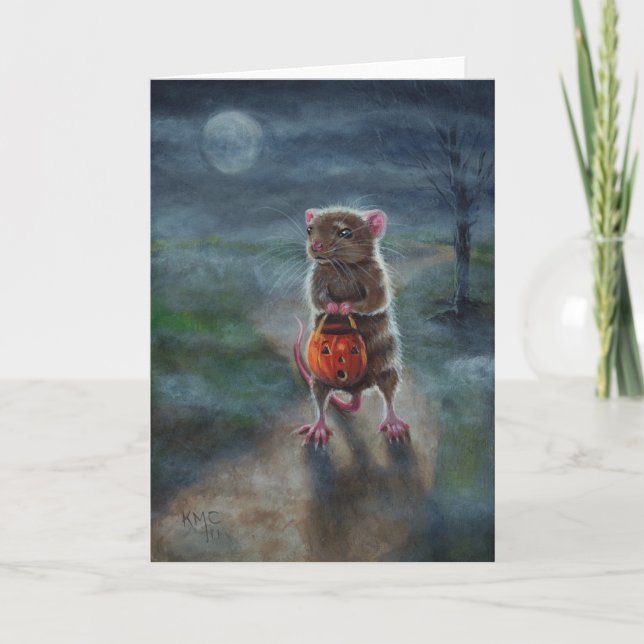 Halloween card Rat Pumpkin basket full moon fog (Front)