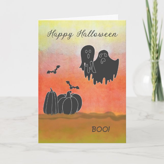 Halloween Card with Black Ghosts & Pumpkins (Front)