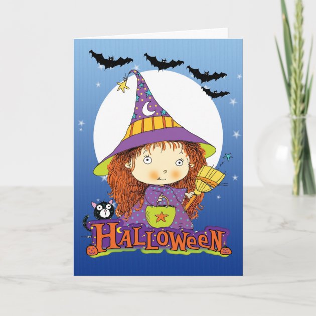 Halloween Invitation With Little Wtich Cat And Bats