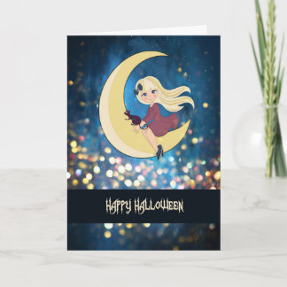Halloween Card with Pretty Witch & Cat for Child