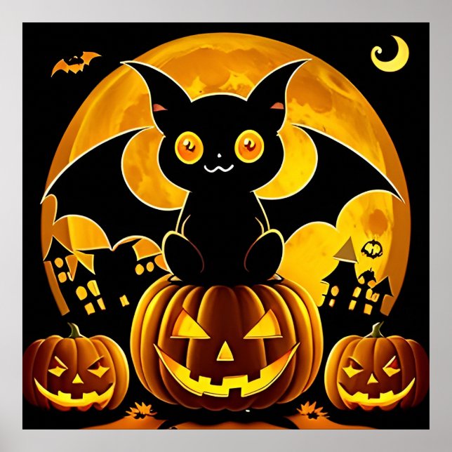 Halloween Cartoon Bats Flying Over Pumpkins Poster (Front)