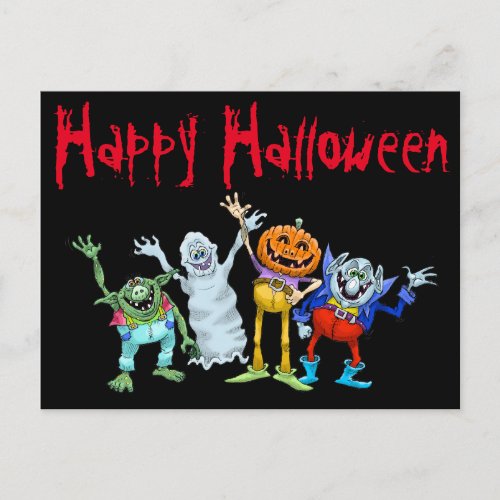 Halloween cartoon creatures waving postcard postcard