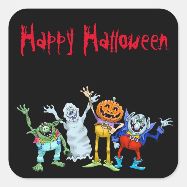 Halloween Cartoon Creatures Waving, Stickers. Square Sticker