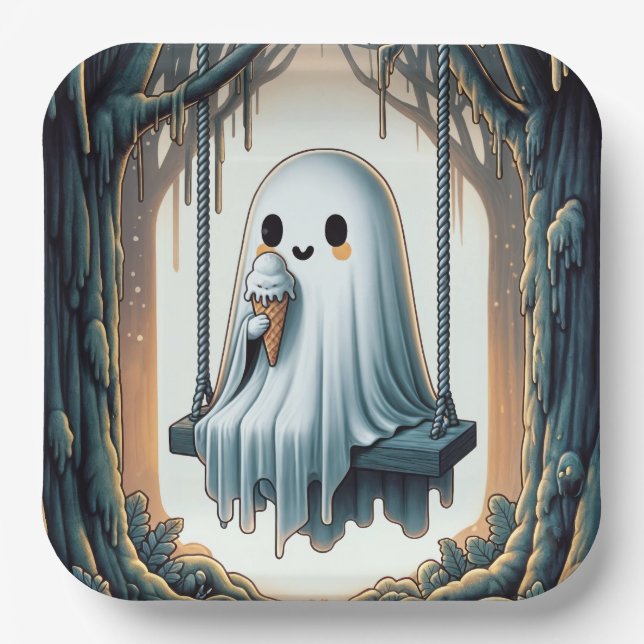 Halloween Cartoon Ghost With Ice Cream Cone Paper Plates (Front)