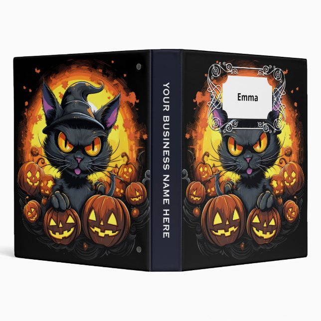 Halloween Cartoon Spooky Witch Cat 3 Ring Binder (Background)