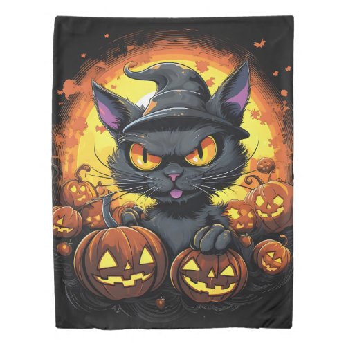 Halloween Cartoon Spooky Witch Cat Duvet Cover