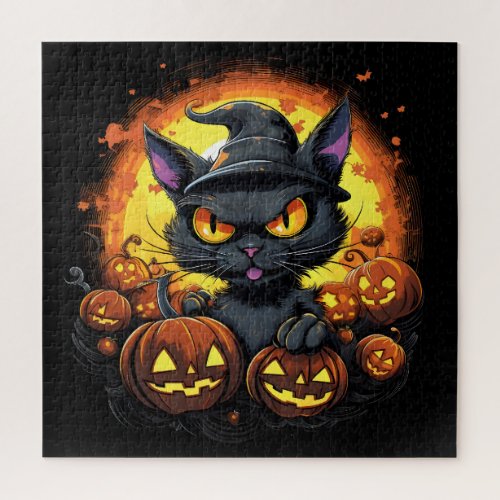 Halloween Cartoon Spooky Witch Cat Jigsaw Puzzle