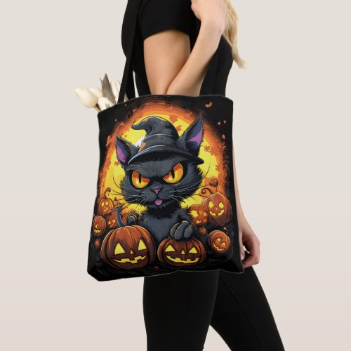 Halloween Cartoon Spooky Witch Cat Tote Bag