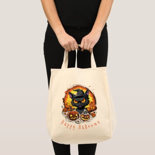 Halloween Cartoon Spooky Witch Cat Tote Bag