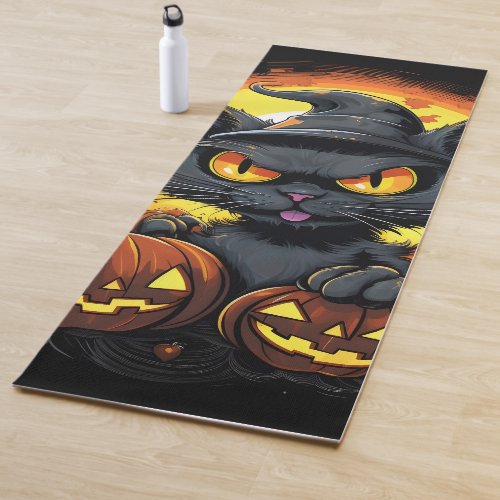 Halloween Cartoon Spooky Witch Cat Yoga Mat