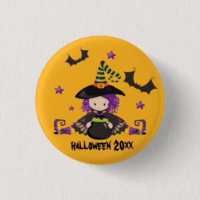 Halloween Cartoon witch Bats Cauldron Green Potion Button (Front)