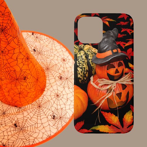 Halloween Carved Pumpkins with Fall Leaves iPhone 12 Case