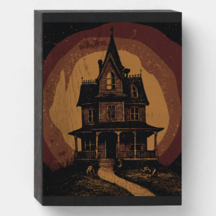 Halloween Castle Spooky Haunted Mansion Wooden Box Sign