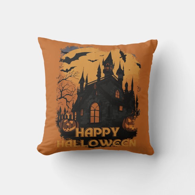 Halloween castle under moonlight throw pillow (Front)