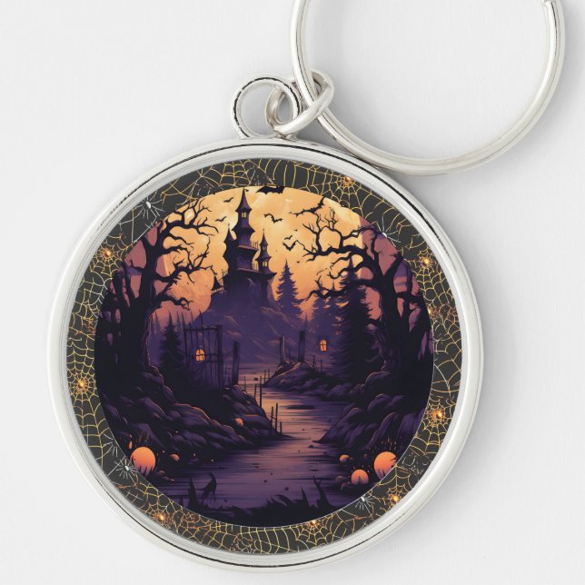 Halloween Castle with Bats, Pumpkins and Spiderweb Keychain (Front)