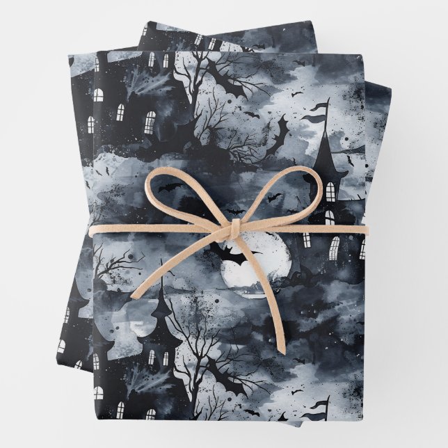 Halloween Castle with moon and bats Gothic  Wrapping Paper Sheets (In situ)