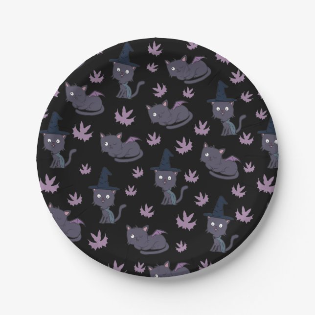 Halloween Cat and Bat Pattern Paper Plates (Front)