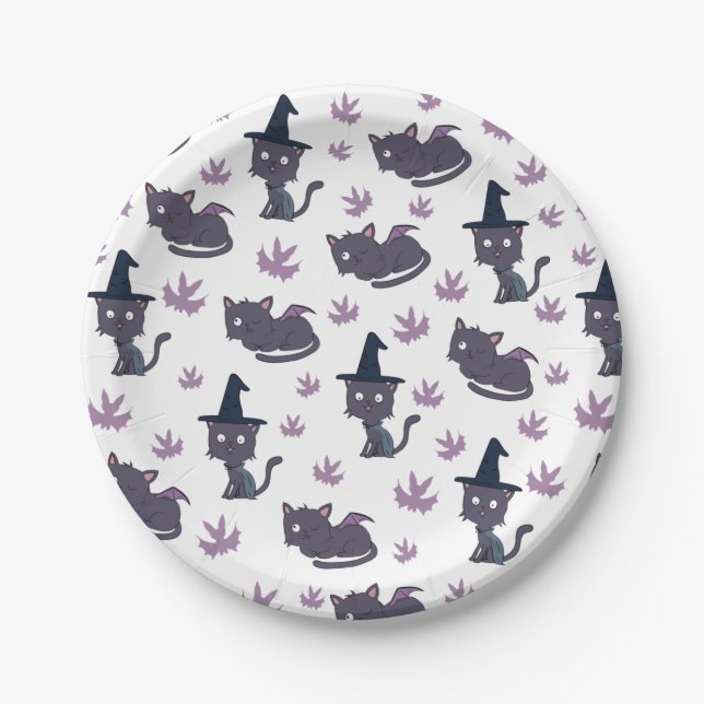 Halloween Cat and Bat Pattern Paper Plates (Front)