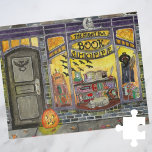 Halloween Cat and Book Shop Jigsaw Puzzle<br><div class="desc">This sweet Halloween book shop painting was created as the October page of a calendar series of watercolor storefronts. Featuring a spooky but cute book store display window full of witchy décor, haunting books, bat decorations, carved pumpkins, magic spell books, and a sleepy gray kitty cat, The Night Owl Book...</div>