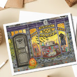 Halloween Cat and Book Shop Postcard<br><div class="desc">This sweet Halloween book shop painting was created as the October page of a calendar series of watercolor storefronts. Featuring a spooky but cute book store display window full of witchy décor, haunting books, bat decorations, carved pumpkins, magic spell books, and a sleepy gray kitty cat, The Night Owl Book...</div>