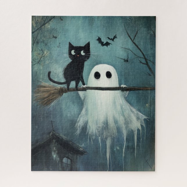 Halloween Cat and Ghost Flying on Broom Jigsaw Puzzle (Vertical)