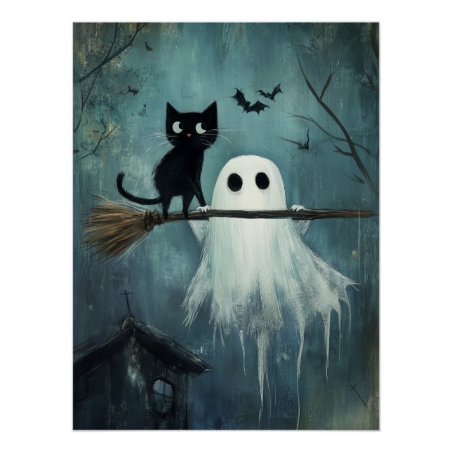 Halloween Cat and Ghost Flying on Broom Poster (Front)