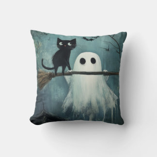 Halloween Cat and Ghost Flying on Broom Throw Pillow
