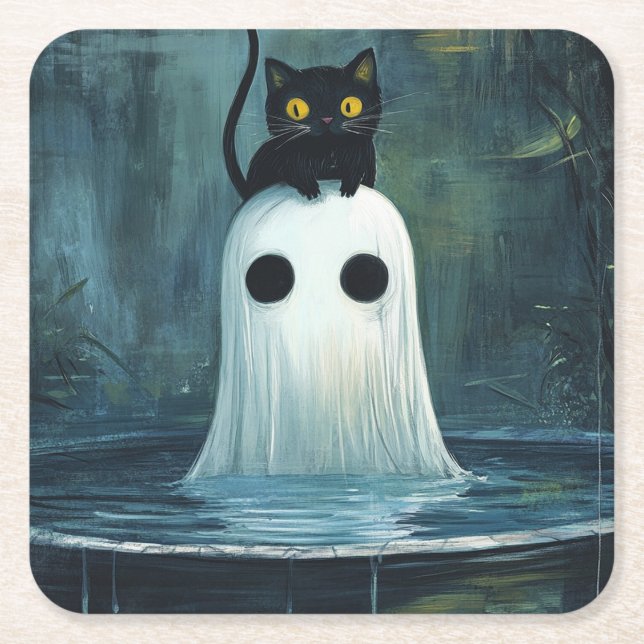 Halloween Cat and Ghost in Pool Square Paper Coaster (Front)