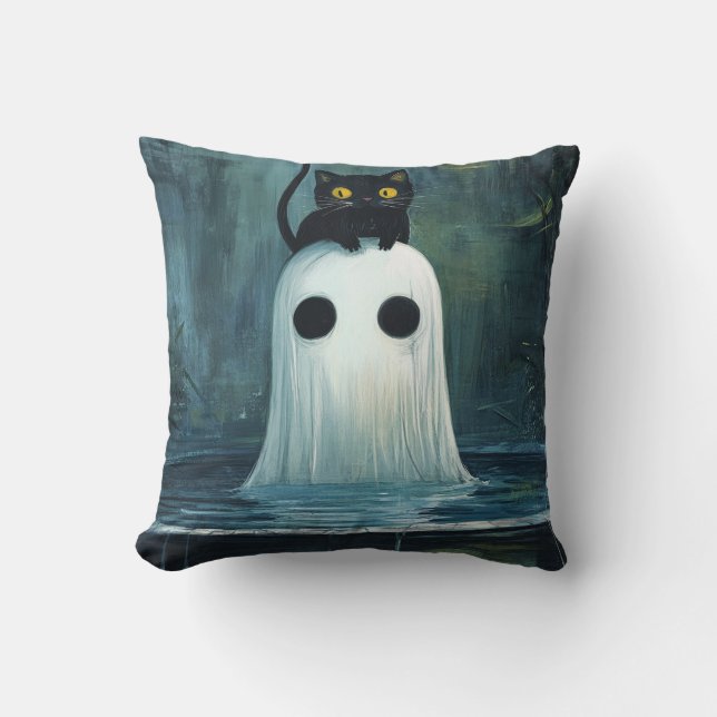 Halloween Cat and Ghost in Pool Throw Pillow (Front)