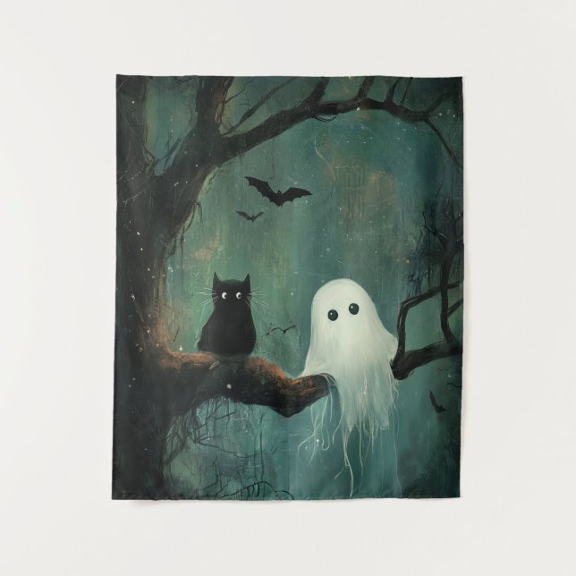 Halloween Cat and Ghost Tapestry (Front)
