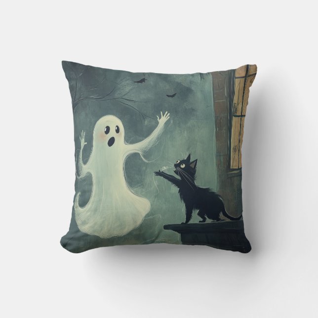 Halloween Cat and Ghost Throw Pillow (Front)