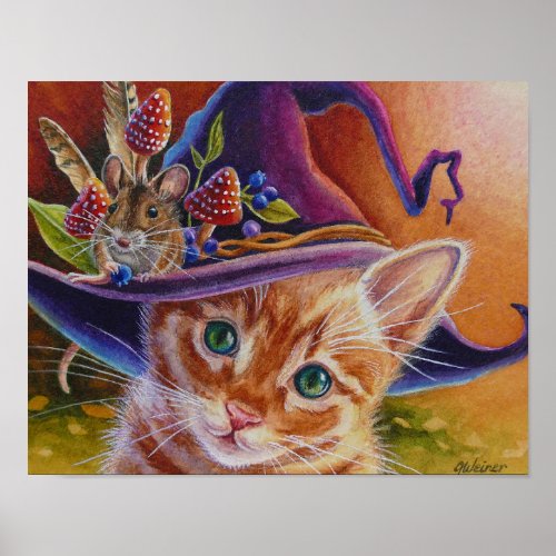 Halloween Cat and Mouse No 1 Watercolor Art 11x14 Poster