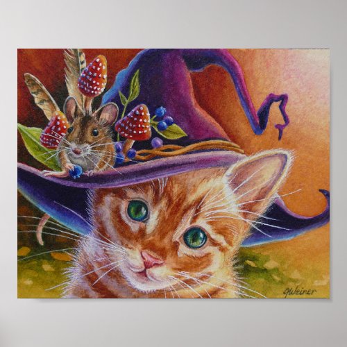 Halloween Cat and Mouse No 1 Watercolor Art 8x10 Poster