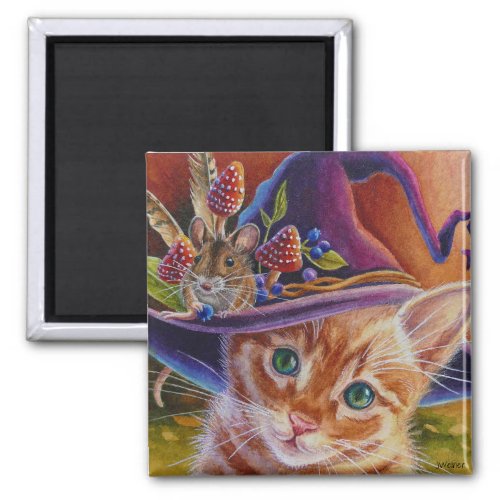 Halloween Cat and Mouse No 1 Watercolor Art Magnet