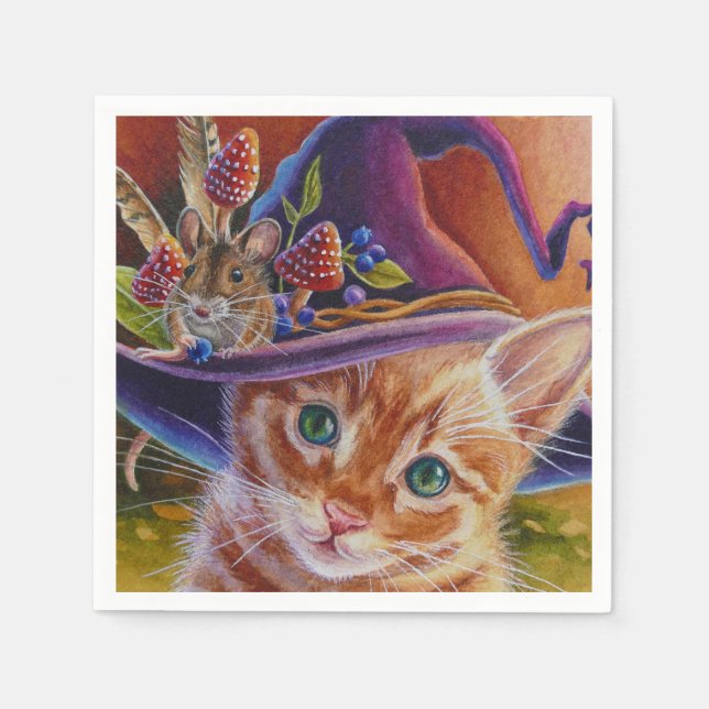 Halloween Cat and Mouse No. 1 Watercolor Art Napkins (Front)