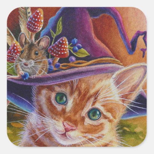 Halloween Cat and Mouse No 1 Watercolor Art Square Sticker