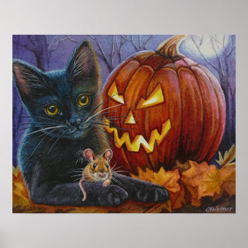 Halloween Cat and Mouse No 2 Watercolor Art 16x20 Poster