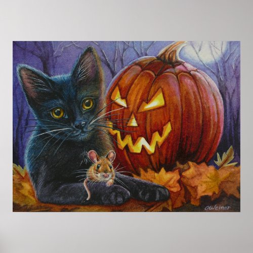 Halloween Cat and Mouse No 2 Watercolor Art 18x24 Poster