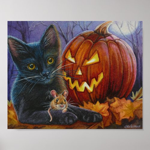 Halloween Cat and Mouse No 2 Watercolor Art 8x10 Poster