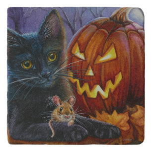 Halloween Cat and Mouse No. 2 Watercolor Art Ceram Trivet
