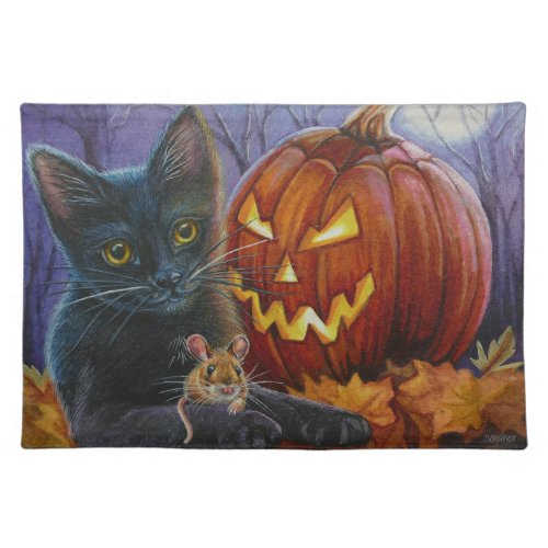 Halloween Cat and Mouse No 2 Watercolor Art Cloth Placemat