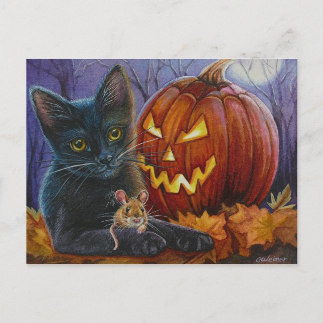Halloween Cat and Mouse No. 2 Watercolor Art Postcard (Front)