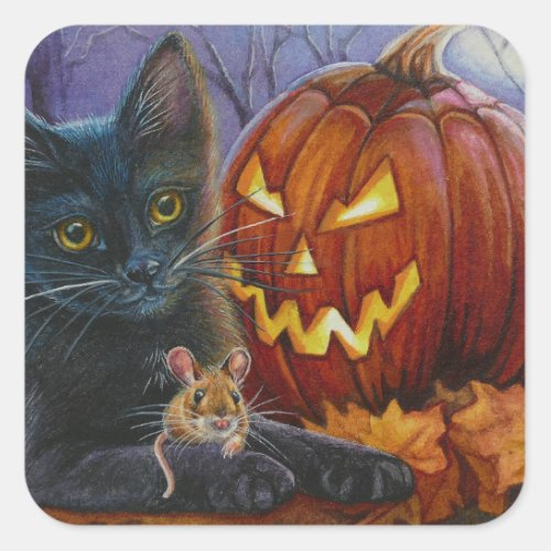 Halloween Cat and Mouse No 2 Watercolor Art Square Sticker