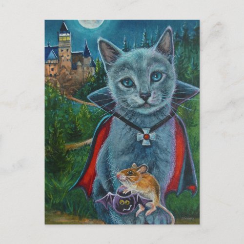 Halloween Cat and Mouse No 3 Watercolor Art Postcard