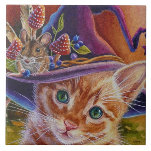 Halloween Cat and Mouse Watercolor Art Ceramic Tile