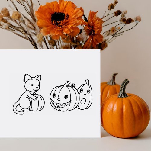 Halloween Cat and Pumpkins Color Me Rubber Stamp