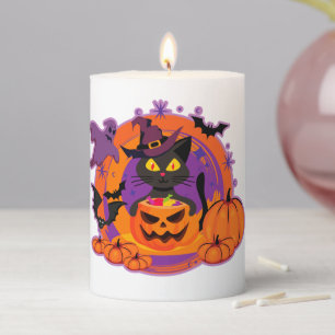 Halloween Cat And Pumpkins Pillar Candle