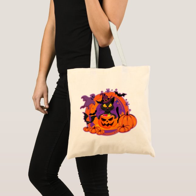 Halloween Cat And Pumpkins Tote Bag (Front (Product))
