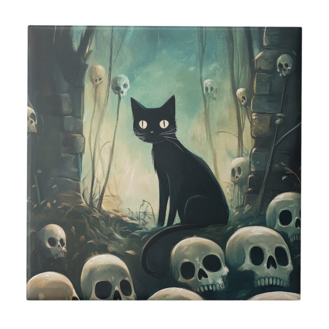 Halloween Cat and Skulls Ceramic Tile (Front)